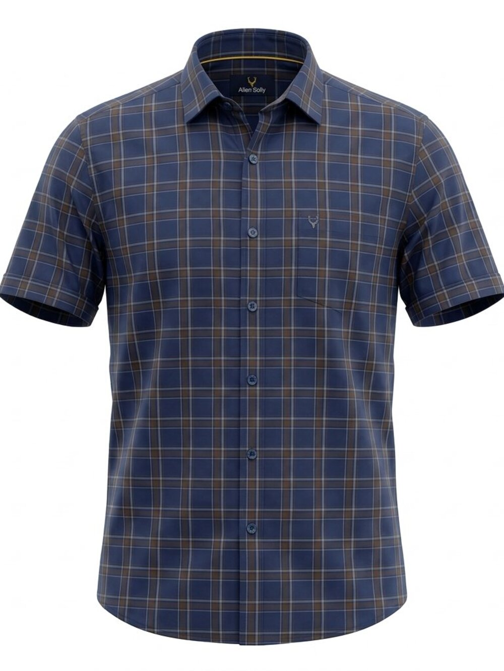 Allen Solly Blue Plaid Classic Fit Short Sleeve Button Down Mens 40